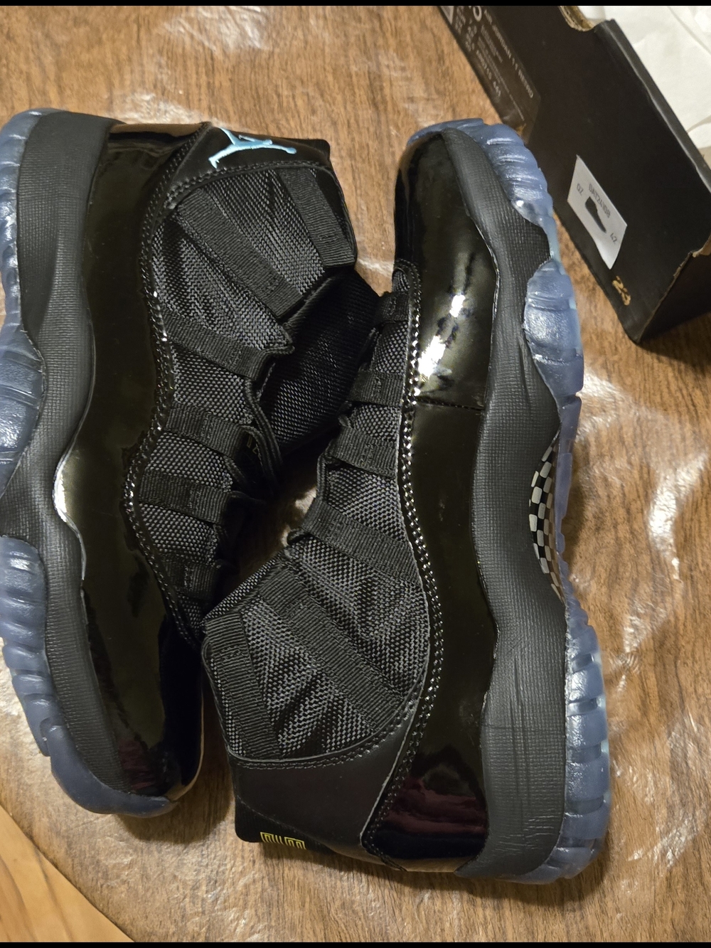 Air Jordan 11 Retro Black Patent Leather Sneakers with Light Blue Jumpman - Picture 7 of 9